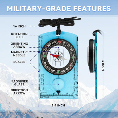 HKDiRedy Military-Grade Navigation Compass, Precision Magnetic Hiking Compass with Acrylic Base Plate, 1:50000 Map Scale, Lightweight Outdoor Survival Compass