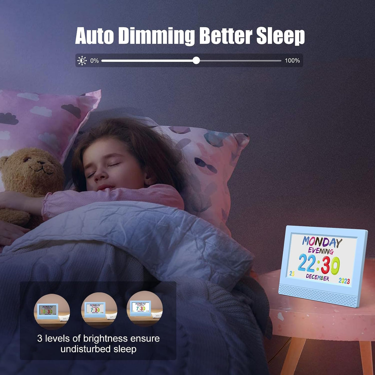 SENXINGYAN Kids Digital Alarm Clock, 7" Eye-Caring Display with Voice Scene Reminders, Cartoon Drawing Schedule Clock, Automatic Dimming, Blue