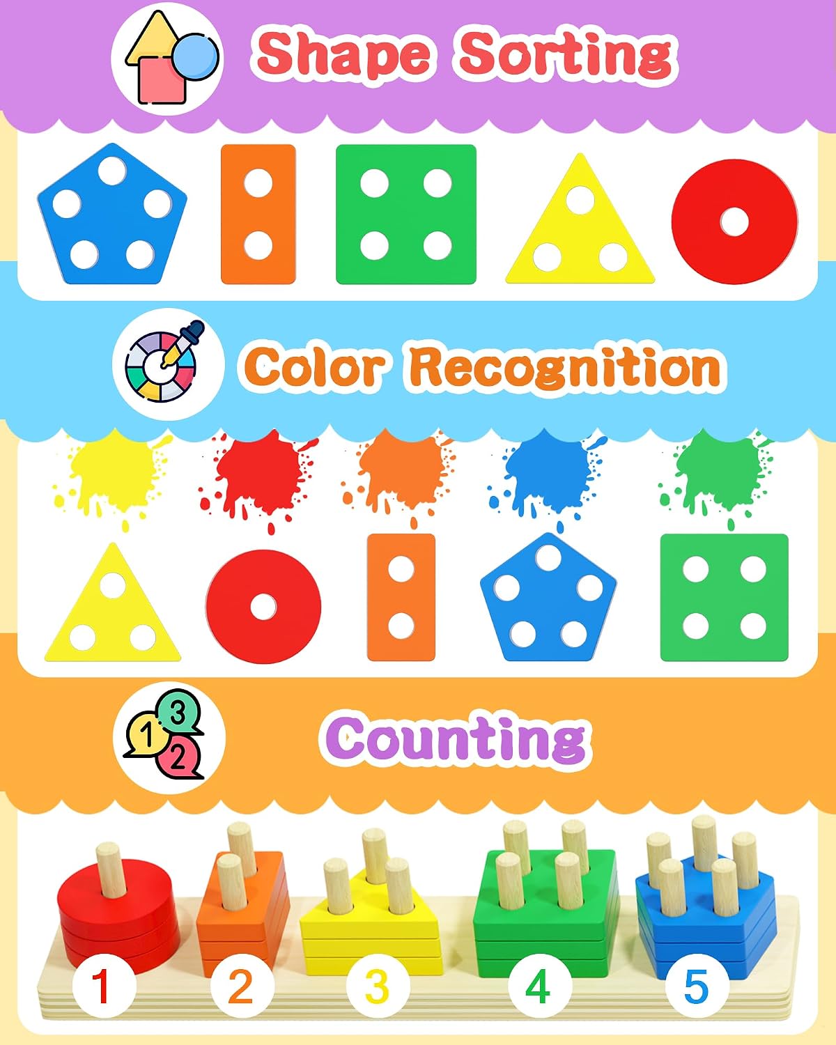 Tonberless Montessori Toys for Toddlers 1-3 Years, Wooden Sorting & Stacking Puzzle with 20 Pieces, Shape & Color Recognition Learning Toy for Boys & Girls