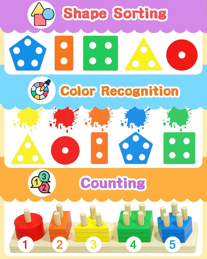 Tonberless Montessori Toys for Toddlers 1-3 Years, Wooden Sorting & Stacking Puzzle with 20 Pieces, Shape & Color Recognition Learning Toy for Boys & Girls
