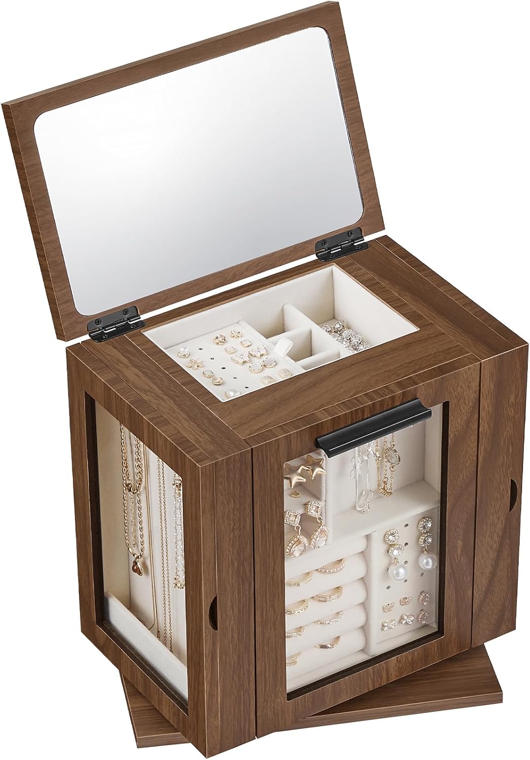 HOOBRO 360° Rotating Jewelry Box with Mirror, Wooden Jewelry Organizer Box 4 Drawers, 3 Transparent Acrylic Doors, Large Jewelry Storage Box for Necklaces, Rings, Bracelets, Earrings, Walnut BH31JB04
