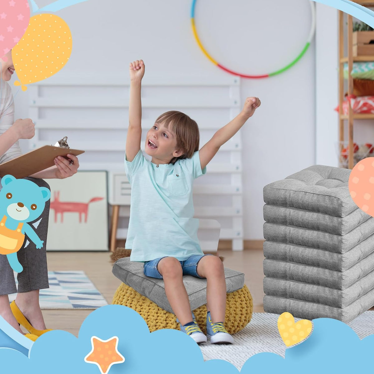 Juexica 8 Pack Floor Cushions for Kid 3.5",Grey,Square Extra Thick Floor Pillows, Flexible Seating Cushion, Flexible Seating Classroom Furniture, Meditation Cushion for Home Office