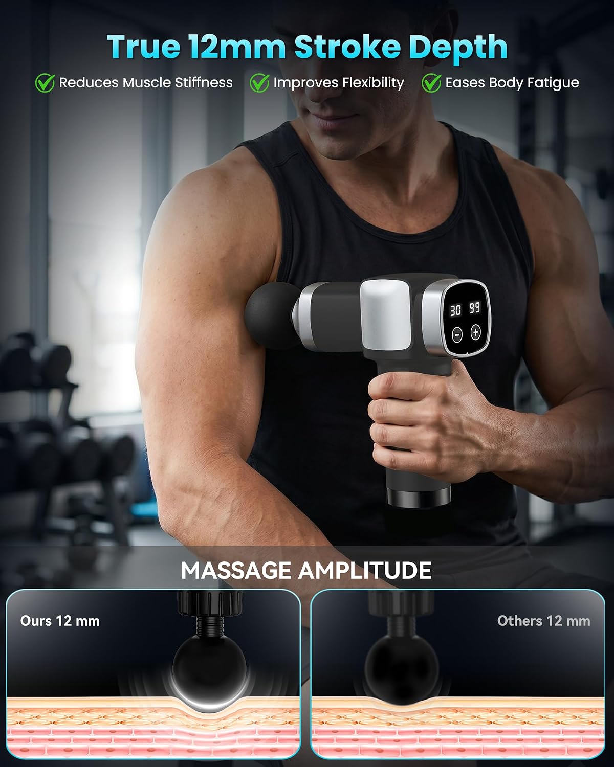 CAMEFER Deep Tissue Massage Gun, Handheld Percussion Muscle Massager with 30 Speeds and 6 Massage Heads, 12mm Amplitude, Rechargeable, Black Gray
