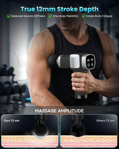 CAMEFER Deep Tissue Massage Gun, Handheld Percussion Muscle Massager with 30 Speeds and 6 Massage Heads, 12mm Amplitude, Rechargeable, Black Gray