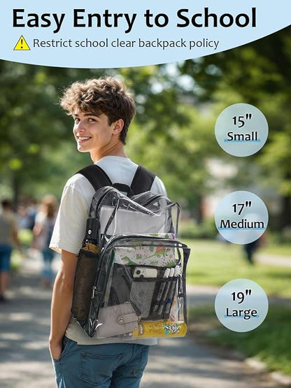 Clear Backpack for School, Heavy Duty Transparent 17-Inch Bookbag with 0.5mm PVC, Padded Straps, 15.6-Inch Laptop Sleeve & Multiple Pockets, Black
