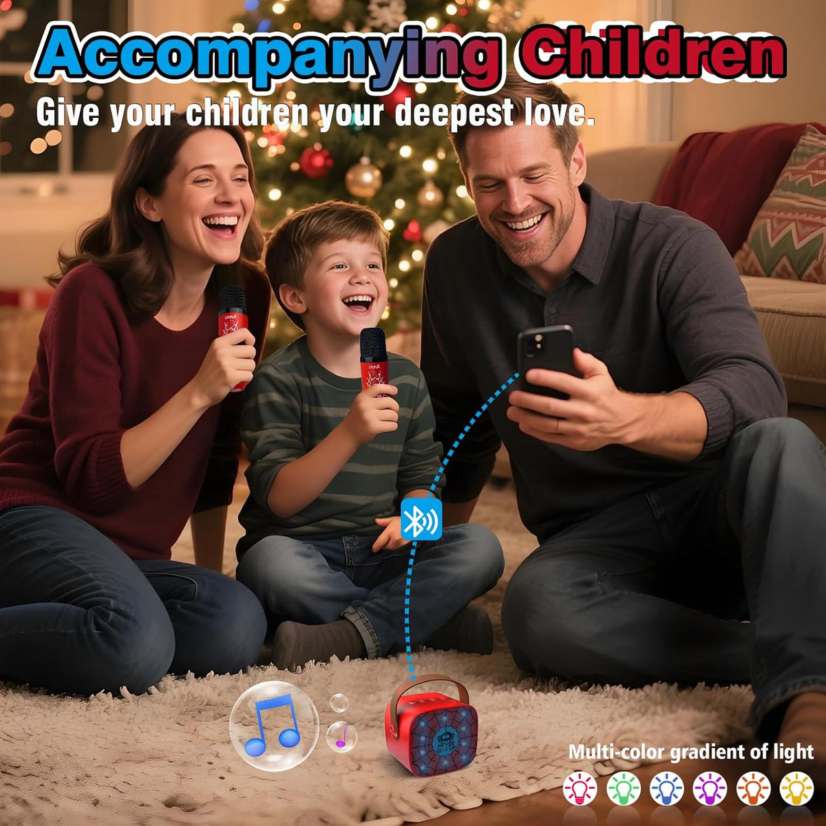 GffoihsX Mini Karaoke Machine for Kids, Portable Bluetooth Speaker with 2 Wireless Microphones, LED Lights, 5 Fun Voice Effects, Rechargeable Battery, Red
