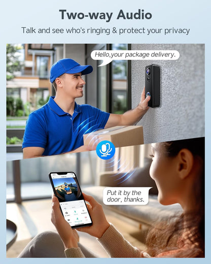 XTU J9 Plus 2K Wireless Video Doorbell Camera with Chime, 180° Head-to-Toe View, PIR Motion Detection, Night Vision, 2-Way Audio, No Monthly Fee