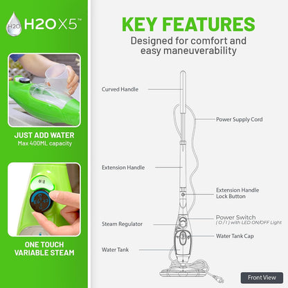 H2O X5 Steam Mop & Handheld Steam Cleaner | 5-in-1 Floor Steamer | Hardwood, Tile & Laminate Cleaner | Carpet Glider Included | Grout, Window & Garment Attachments