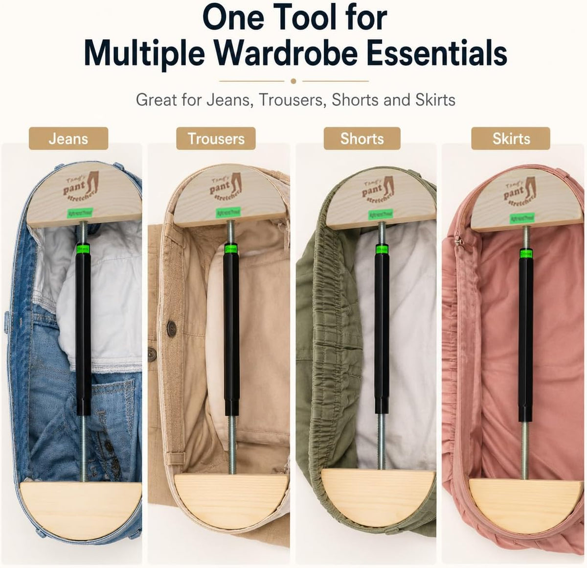 Tang's Heavy Duty Pant Stretcher for Jeans, Adjustable Waistband Stretcher 30 to 59 Inches, Solid Wood and Aluminum Alloy Waist Expander for Men and Women, Pants, Shorts and Skirts