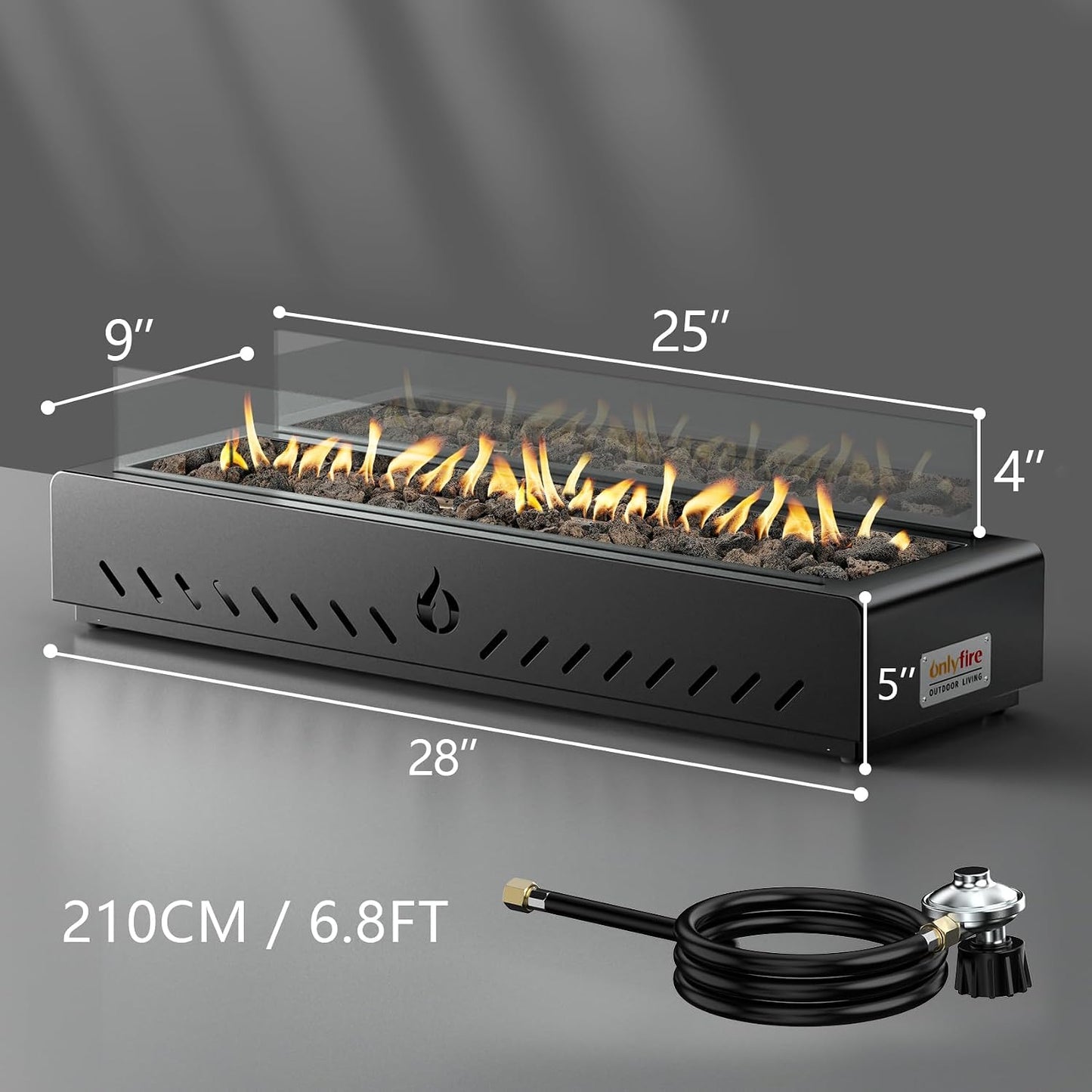 28" Gas Fire Pit Bottom-Mounted for Table with Umbrella Hole, FP044 Portable Smokeless Propane Fireplace with Lava Rock & Glass Shield for Outdoor Patio Backyard Camping RV Tailgating, 40000BTU