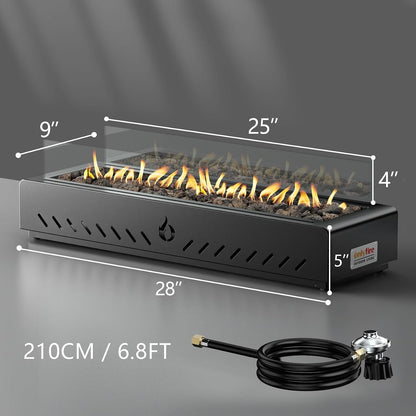 28" Gas Fire Pit Bottom-Mounted for Table with Umbrella Hole, FP044 Portable Smokeless Propane Fireplace with Lava Rock & Glass Shield for Outdoor Patio Backyard Camping RV Tailgating, 40000BTU