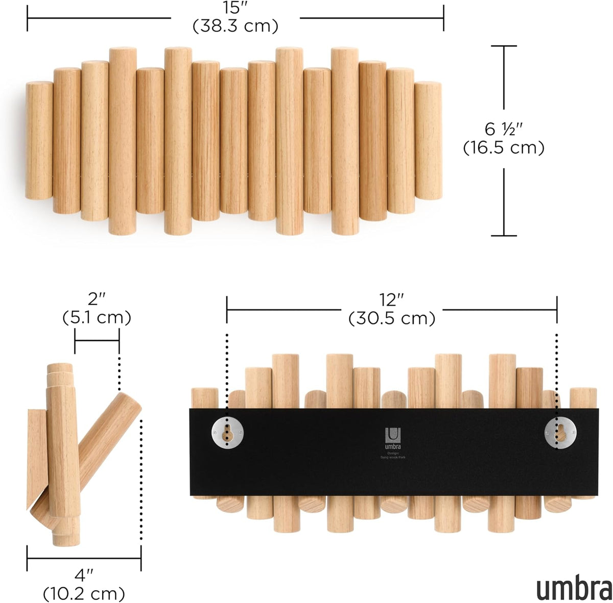 Umbra Picket Coat Rack, Wall Mount 5 Flip-Down Coat Hooks, Natural