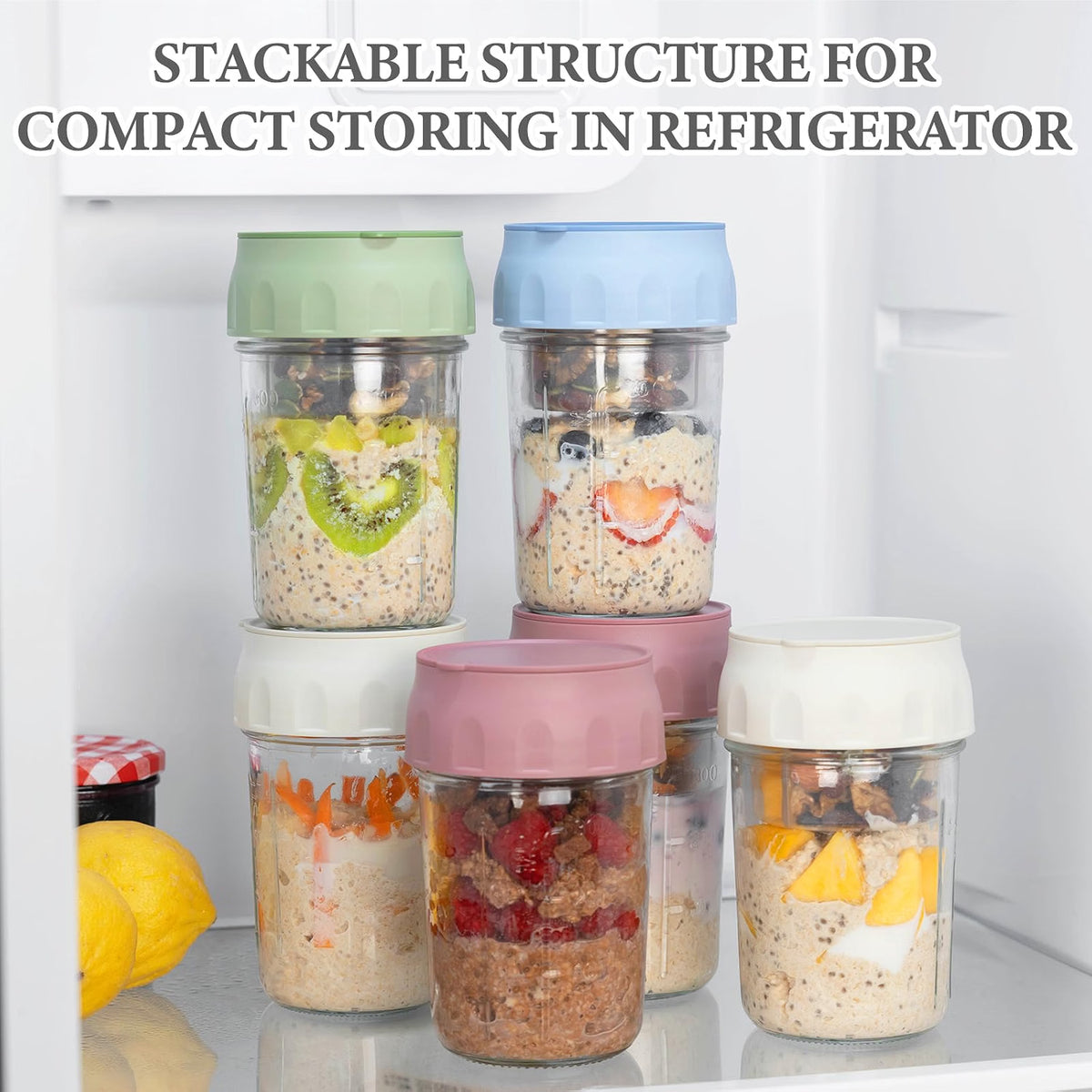 SOLIGT Overnight Oats Containers, 4-Pack 16oz Meal Prep Glass Jars with Lids, Folding Spoons & Divided Fruit and Nut Compartments, Leakproof Reusable Food Storage Set
