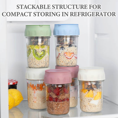 SOLIGT Overnight Oats Containers, 4-Pack 16oz Meal Prep Glass Jars with Lids, Folding Spoons & Divided Fruit and Nut Compartments, Leakproof Reusable Food Storage Set