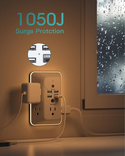 Addtam Surge Protector, 5 Outlet Extender with Night Light and 4 USB Ports