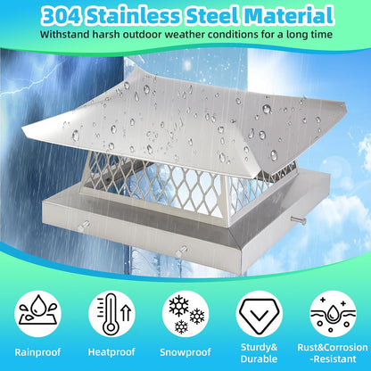 13" x 13" Chimney Cap Fireplace Chimney Cover for Outside Chimney Flue Cap Chimney Flue Cover Chimney Caps for Outside w/ Screen Hood Plate,Stainless Steel Chimney Rain Cap Roof Rain Guard Protector