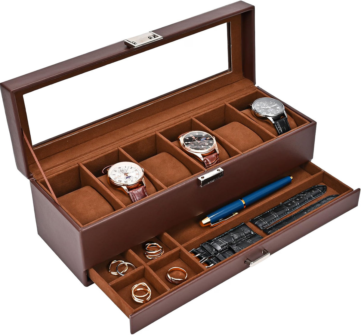 ProCase Watch Box, 6-Slot Watch Display Case with Drawer, 2-Layer Glass Lid Watch Organizer with Faux Leather & Velvet Interior, Espresso