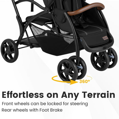 INFANS Sit and Stand Double Stroller, Foldable Tandem with Standing Platform, Black