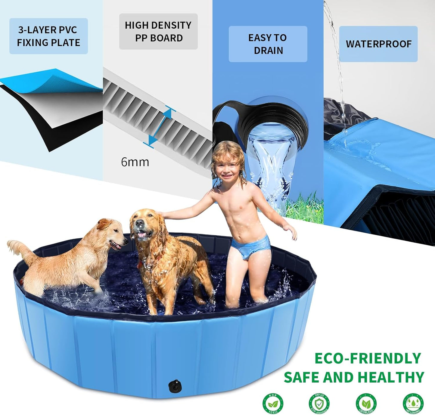 Foldable Dog Pool 47" x 47" x 12", Collapsible Pet Swimming Pool with Hard Plastic Support, Non-Slip Dog Bath Tub for Outdoor Backyard, Blue