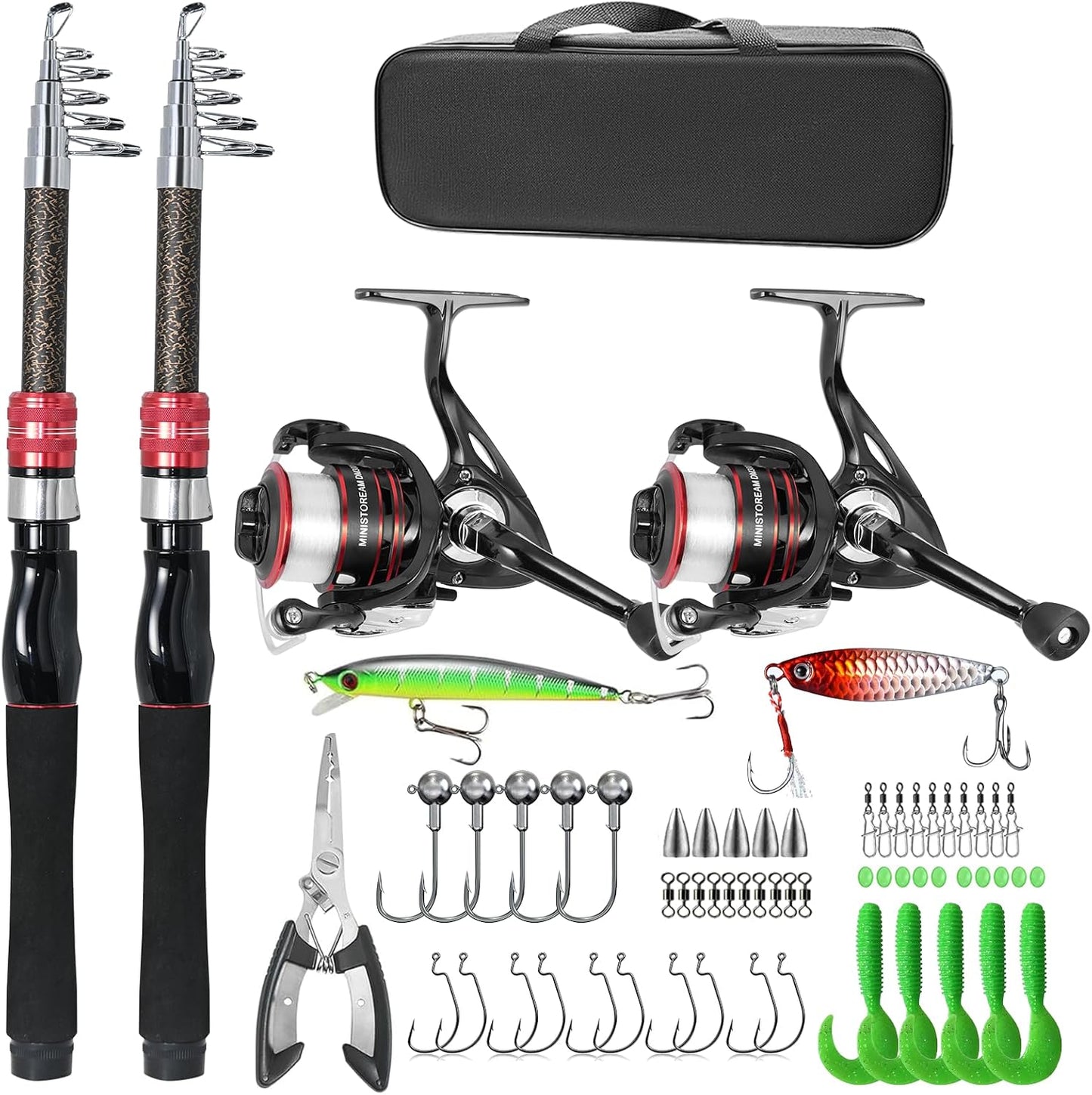 ministoream 2-Pack Carbon Fiber Fishing Rod and Reel Combo, 6.89ft Telescopic Spinning Rods with 57-Piece Accessories Kit for Bass, Saltwater & Freshwater