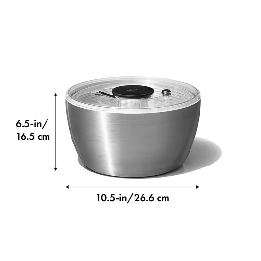 OXO Good Grips Stainless Steel Salad Spinner, Vegetable Washer - 6.22 Qt Spin Dry Produce, Serving and Storage, Non-Slip, One-Handed Pump, Brake Button, Dishwasher Safe, Large-Capacity Bowl