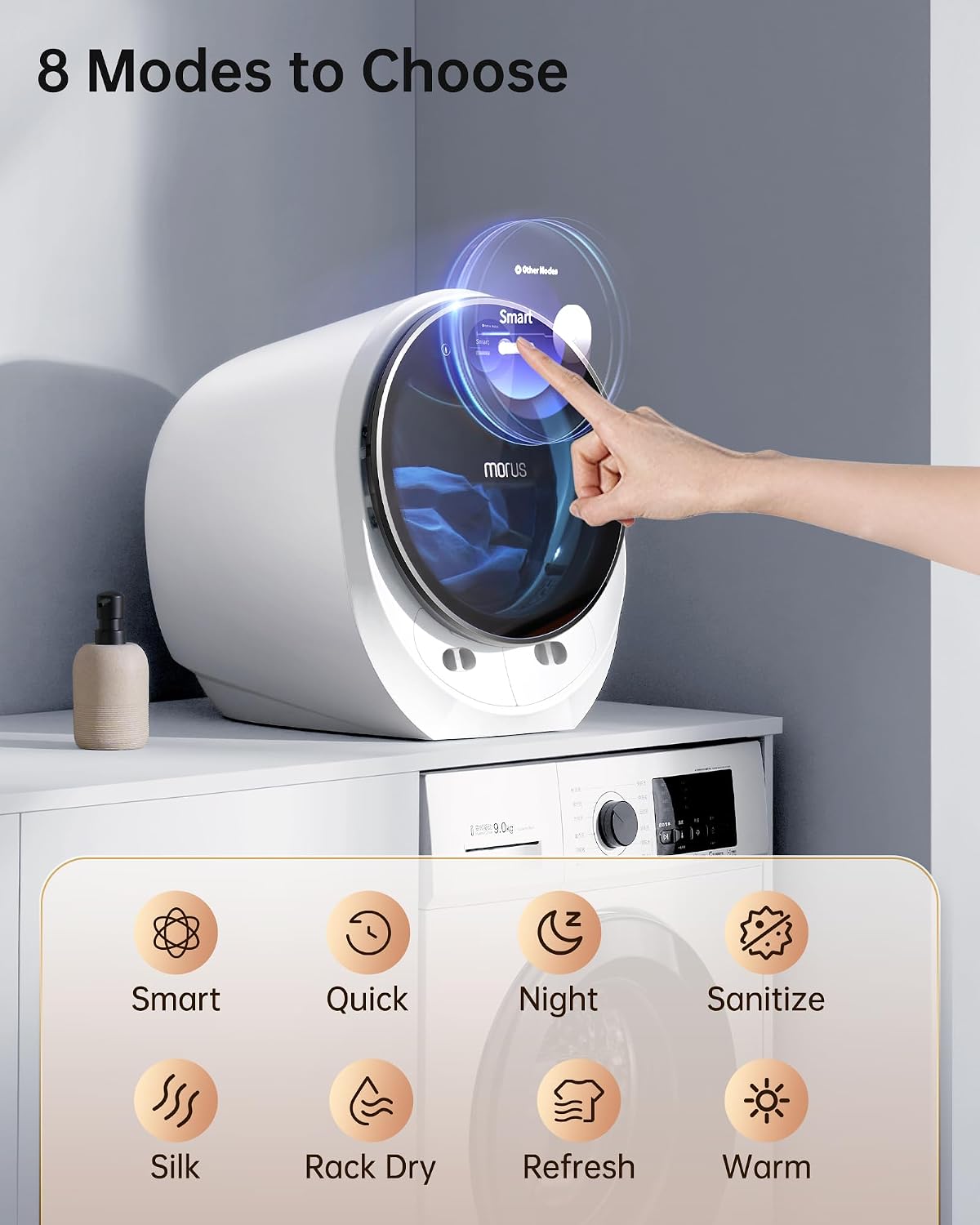 Morus Portable Dryer for Clothes with 8 Modes, 1200W Mini Dryer with Stainless Steel Drum, No Installation Required, Wrinkle and Pet Hair Remover, Luxury Towel Warmer, for Apartments, Dorm, RV