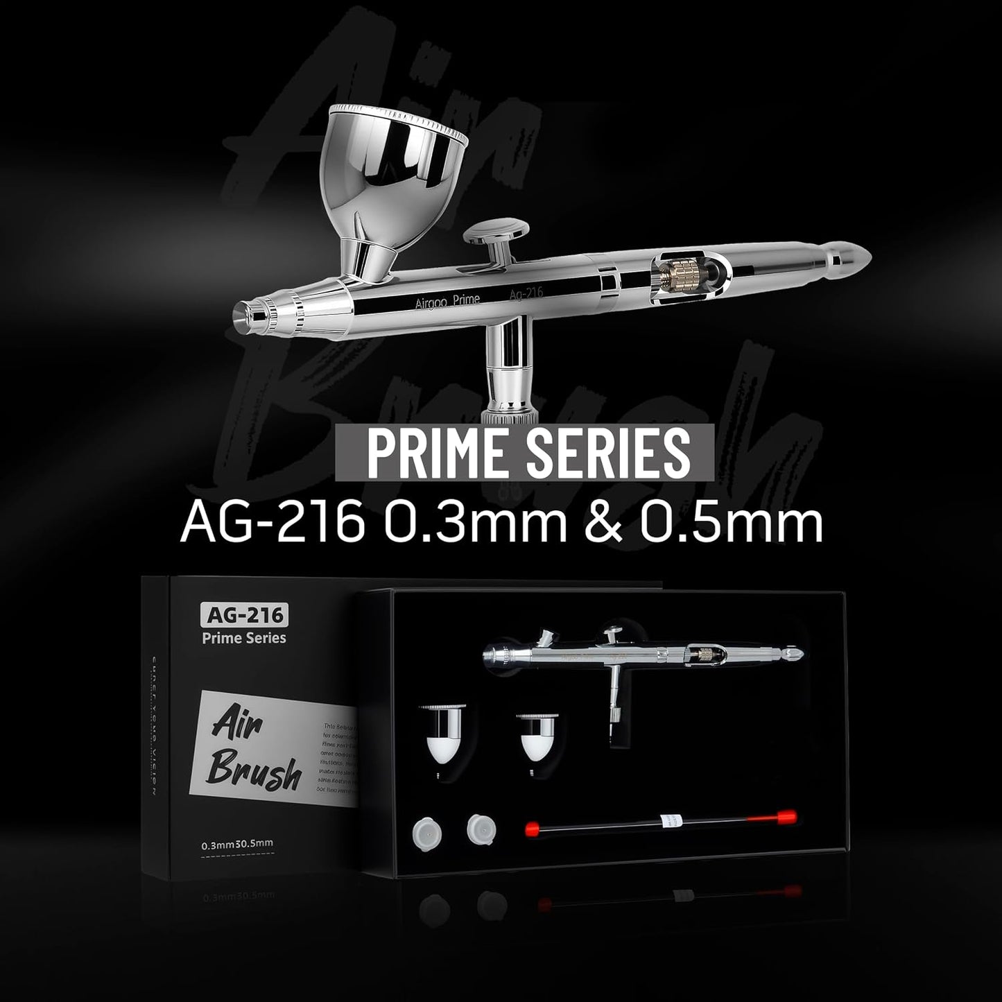 Airgoo Prime Series Airbrush Kit AG-216 Dual Action Gravity Feed Airbrush Kit with 0.3mm/0.5mm Nozzles & Needles, 7CC/10CC Fluid Cups for Tattoo, Modeling, Cake Decor, Nail Painting