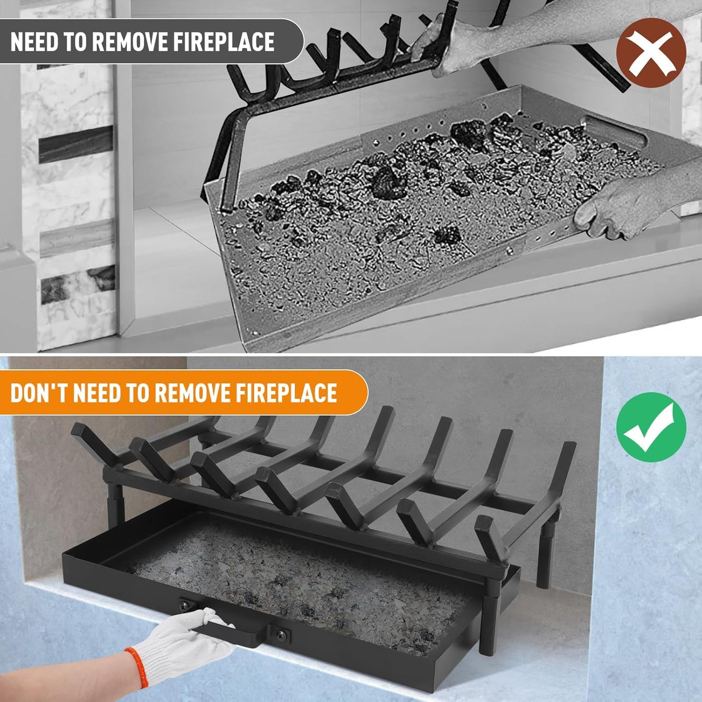 Fireplace Grate with Ash Pan & Log Holder, 20 inch Heavy-Duty Cast Iron,Fireplace Log Holder for Ash Catching, Log Holding,Fire Pit,Wood Burning Stove,Indoor Outdoor