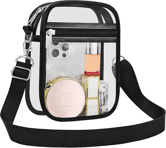 USPECLARE Clear Purse for Stadium Events, Transparent Messenger Crossbody Bag with Adjustable Removable Strap, PVC Clear Bag for Concerts, Sports & Events, Black