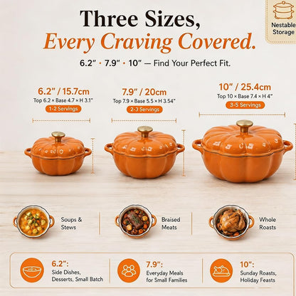Pumpkin Enameled Cast Iron Dutch Oven with Lid, Oven Safe Soup Casserole Dish with Dual Handles, Cute Fall Harvest Decor Bakeware for Thanksgiving Halloween (B2, 16CM)