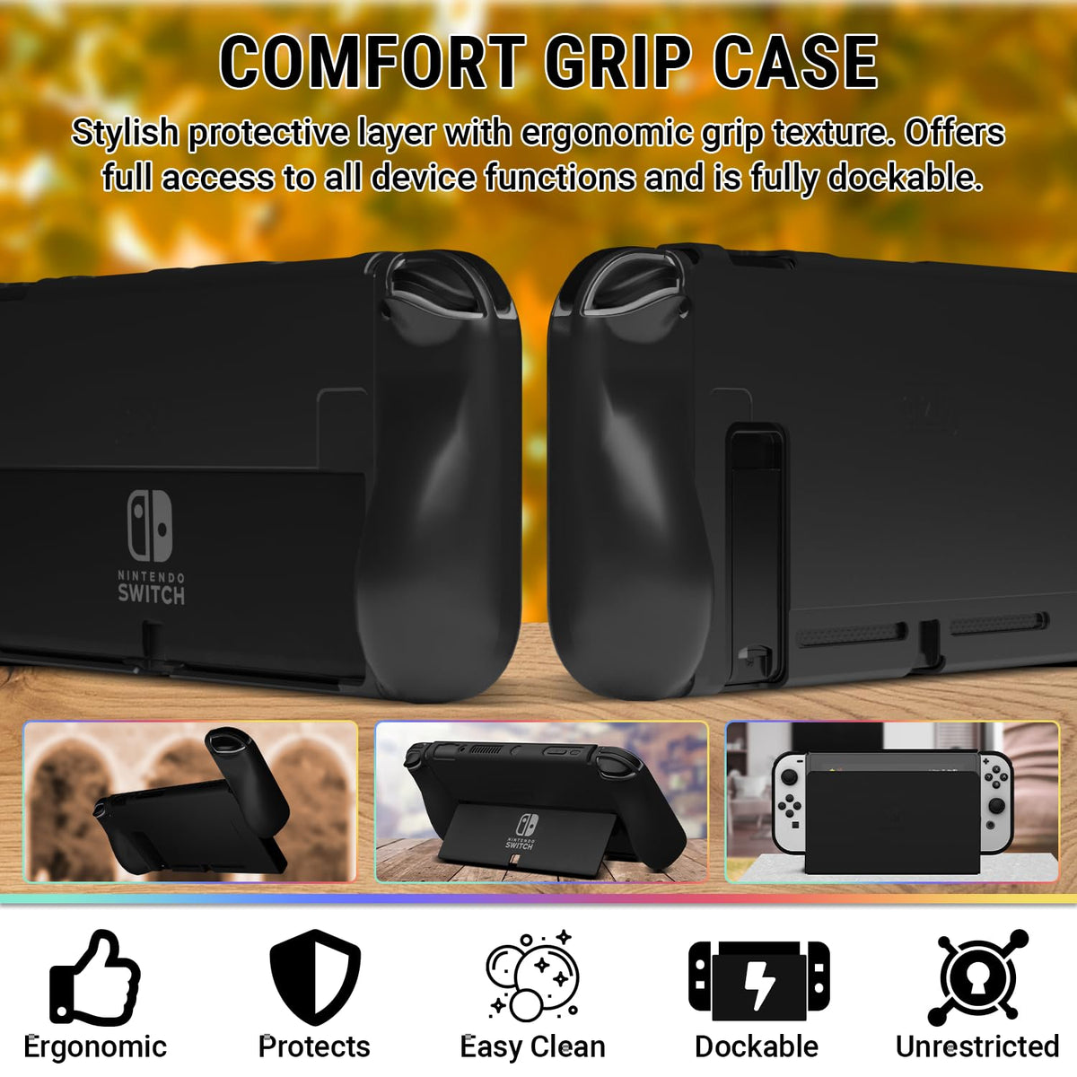 Orzly Accessory Bundle Kit designed for Nintendo switch Accessories Geeks and Oled console users Case and Screen protector, Joycon grips and Wheels for enhanced games play and more - Jet black