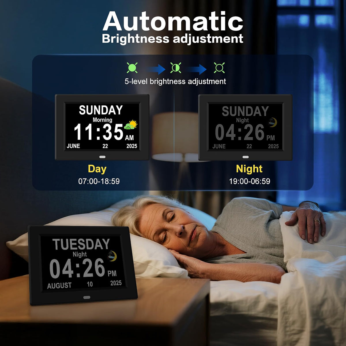 HyperionFlo Essentials 10-Inch Digital Clock for Seniors, Large Display Calendar Clock with Day & Date, 12 Alarms, Medication Reminders, Auto Dimming & Remote Control, Black