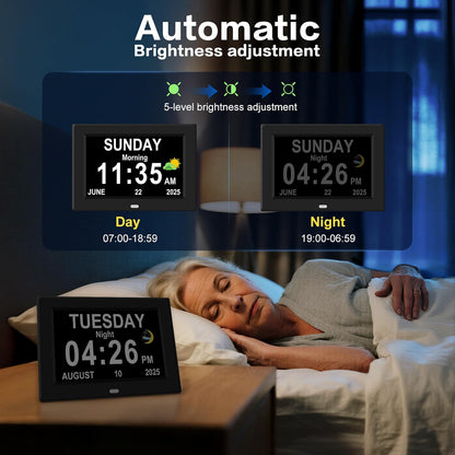 HyperionFlo Essentials 10-Inch Digital Clock for Seniors, Large Display Calendar Clock with Day & Date, 12 Alarms, Medication Reminders, Auto Dimming & Remote Control, Black
