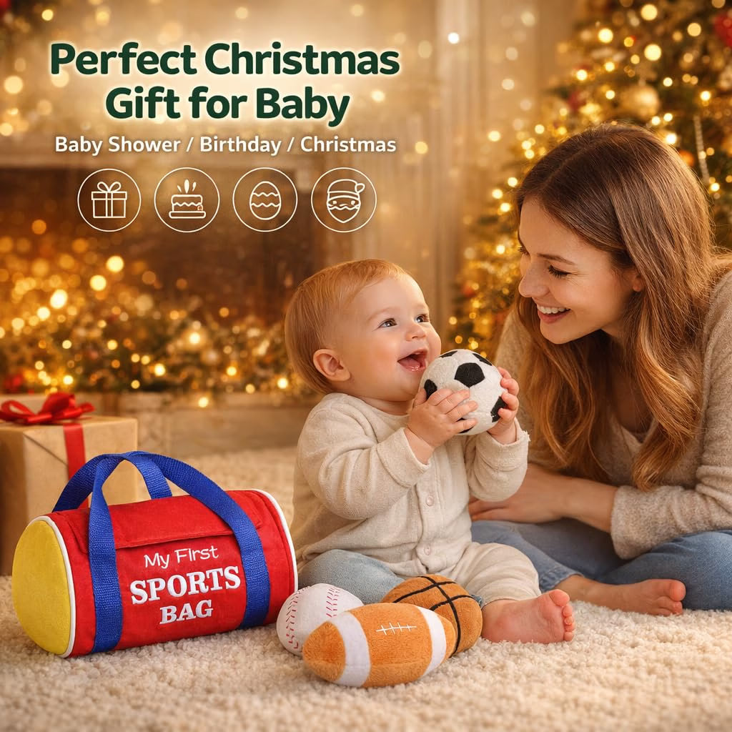 KIZZYEA My First Sports Bag Plush Sensory Ball Set, 0-12 Months
