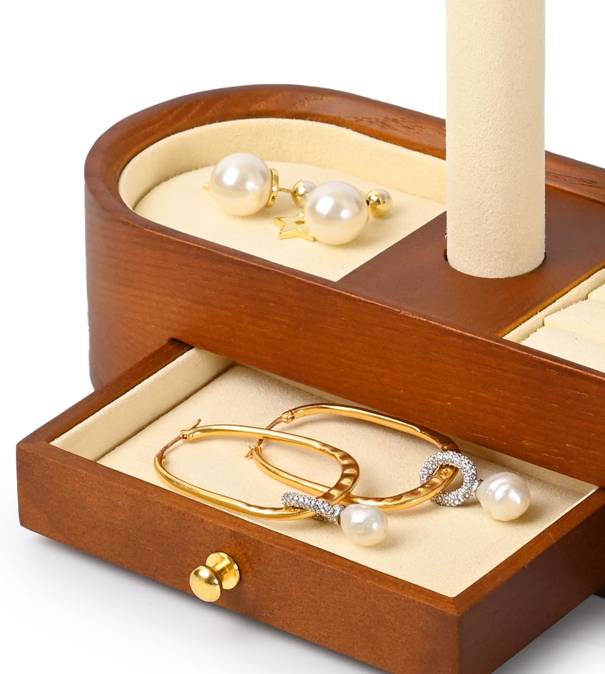 Oirlv Solid Wood Watch Stand with Drawer, T-Bar Watch Holder & Jewelry Organizer for Men and Women, Bracelet, Bangle, Ring & Earring Display, Creamy White