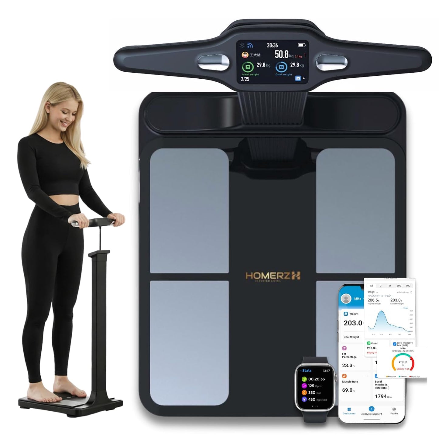 Homerz Smart Scale – Bend-Free Smart Scale with BMI, Body Fat, Muscle Mass, Full Body Composition Scale with Digital Weight Tracking, Body Scan Scale with Handle, Body Fat Scanner