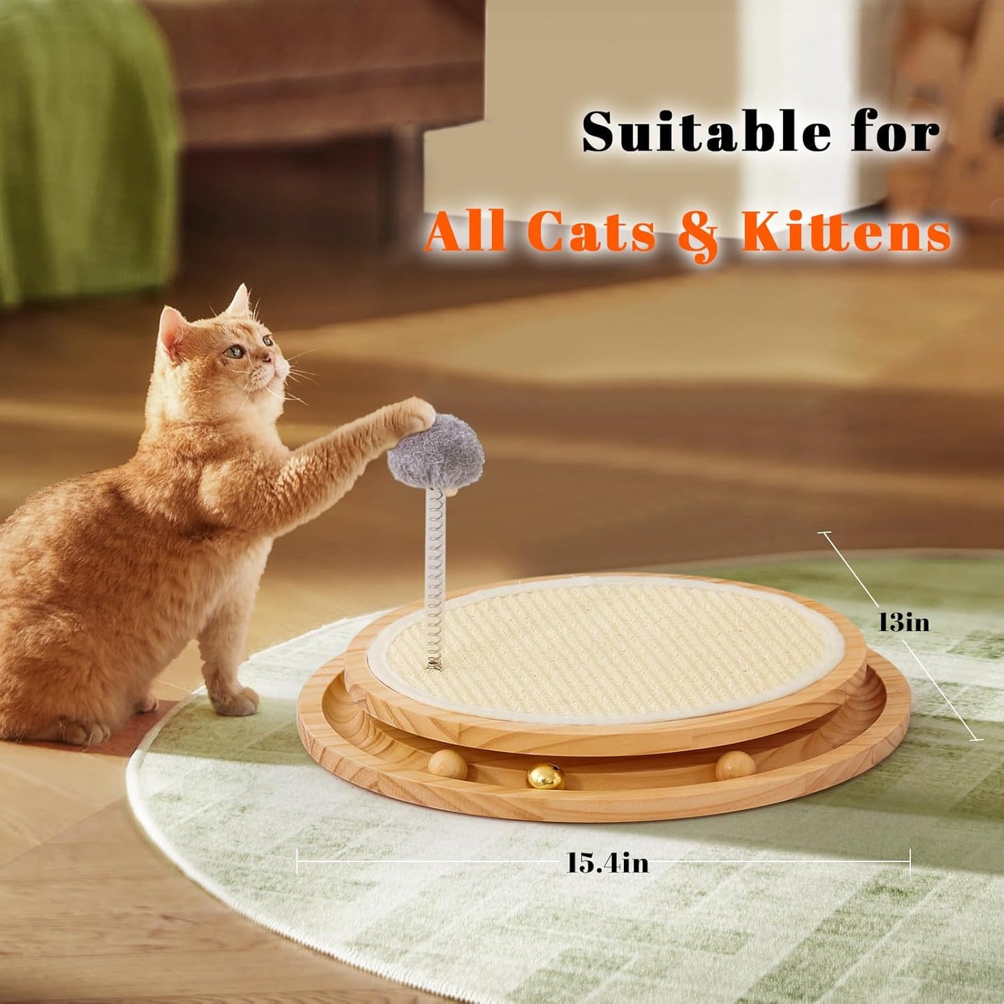 LMUGOOS Cat Scratcher, Natural Sisal Scratching Pad with Interactive Ball Track & Spring Ball Toy, 3-in-1 Cat Scratch Pad for Indoor Cats, Gold