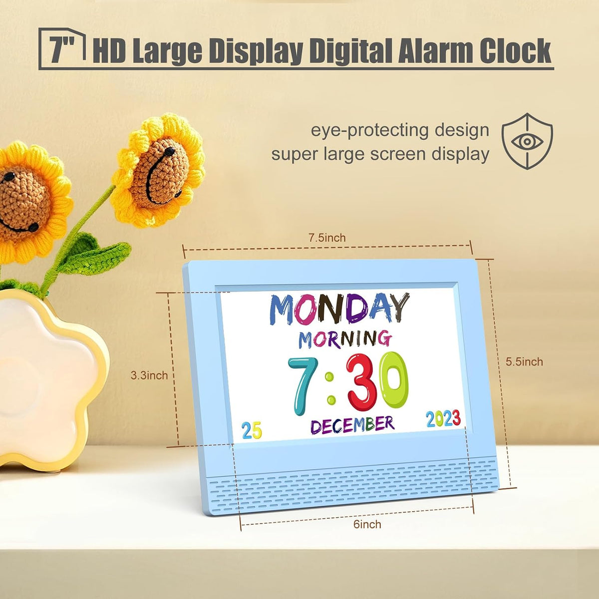 SENXINGYAN Kids Digital Alarm Clock, 7" Eye-Caring Display with Voice Scene Reminders, Cartoon Drawing Schedule Clock, Automatic Dimming, Blue