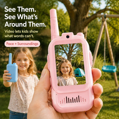 Fabeto Kids Video Walkie Talkies, 2-Pack Rechargeable Walkie Talkie Toys with 720P HD Camera, Voice Changer, Auto Pairing, USB-C Charging, Pink & Blue