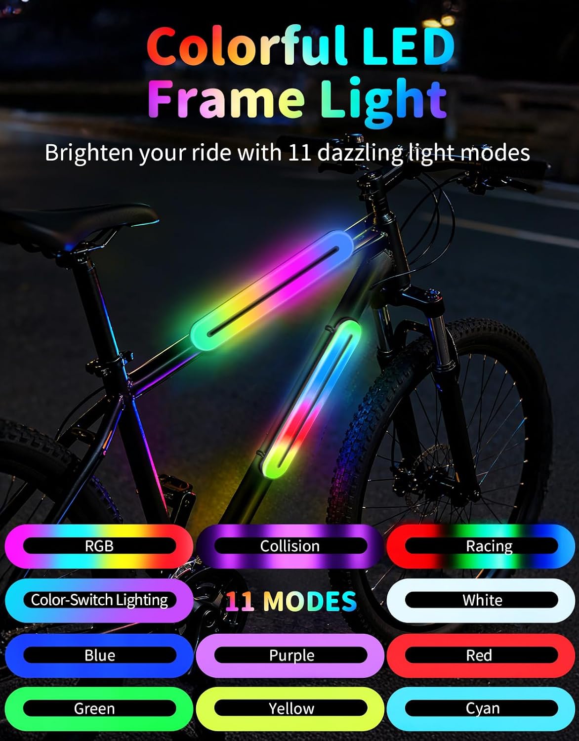 BELEEV LED Scooter Frame Light for Scooters & Bicycles, 11-Mode Color-Changing Night Riding Light, Battery Powered Strap-Mount Bike Accessory for Kids, Teens & Adults, Black
