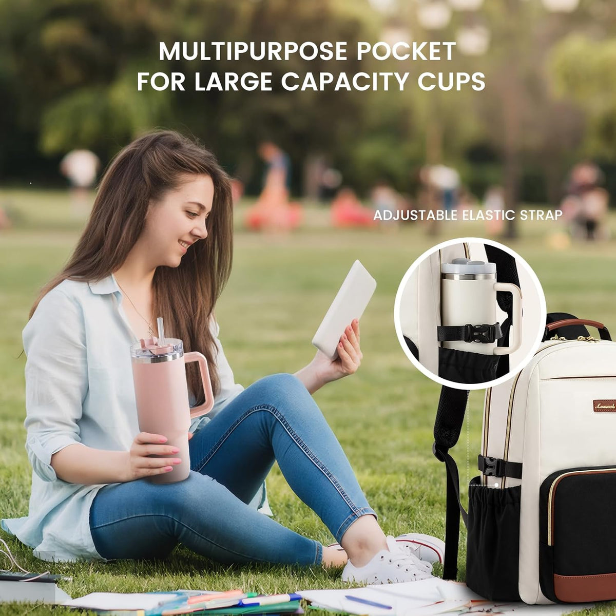 LOVEVOOK Laptop Backpack for Women, 15.6-Inch Laptop Travel Backpack with Large Capacity Cup Pocket, Waterproof Work Business College Backpack, Beige-Black-Chestnut Brown