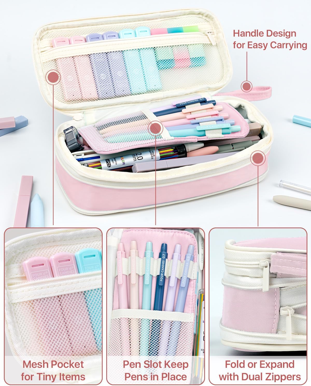 Four Candies 56-Piece School Supplies Set with Pink Pencil Case, Mechanical Pencils, Gel Pens, Ballpoint Pens, Highlighters and Refills