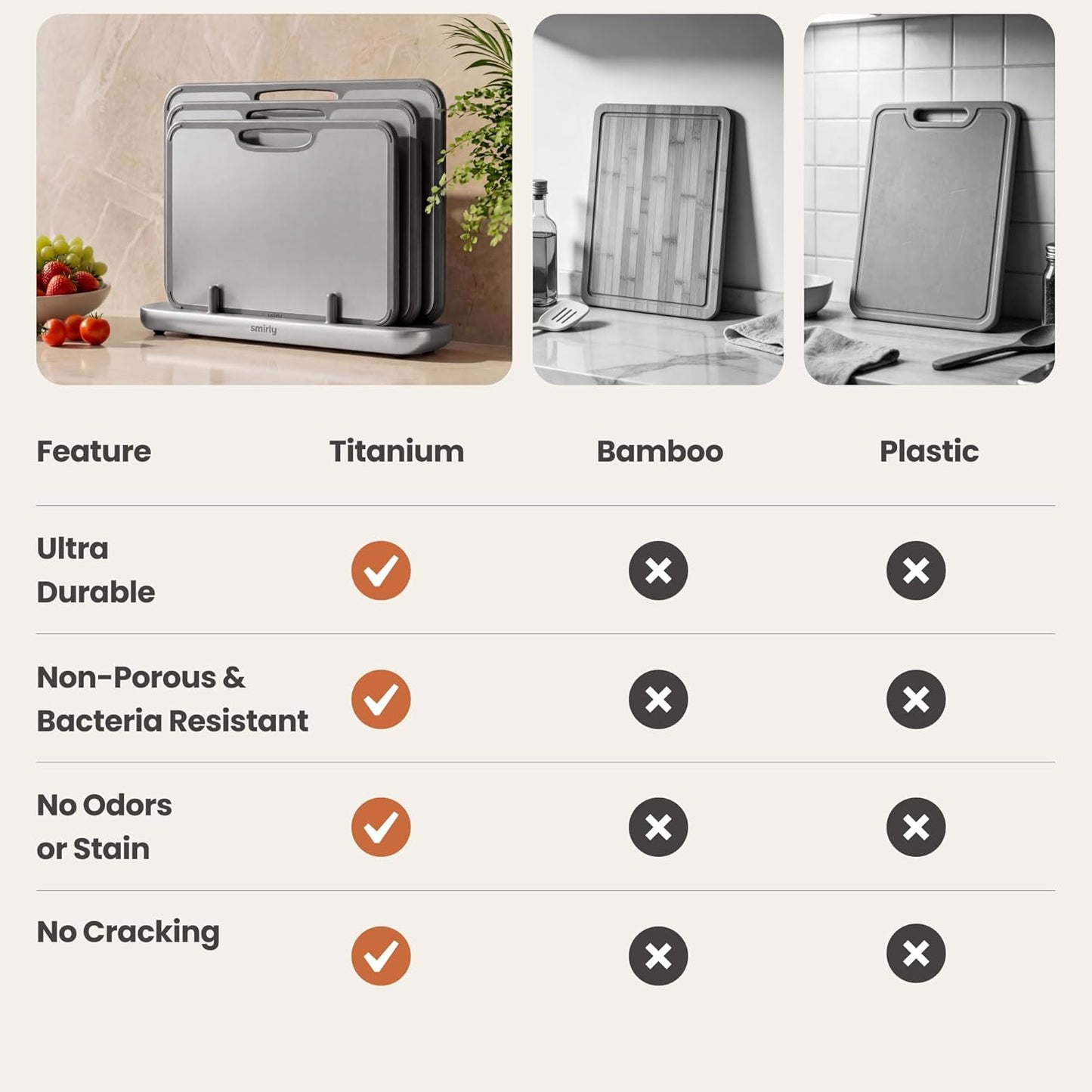 SMIRLY Titanium Cutting Board for Kitchen, with Holder, 3 Pack, Silver