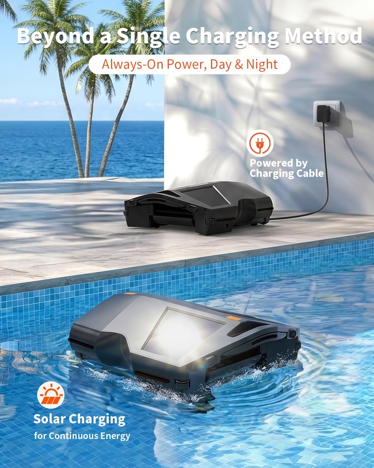 Solar Pool Surface Skimmer Robot, Smart Obstacle Avoidance & Path Planning Edge Cleaning, Smart Parking & App Control, Dual Charging Options, Strong Suction for Pools, Black