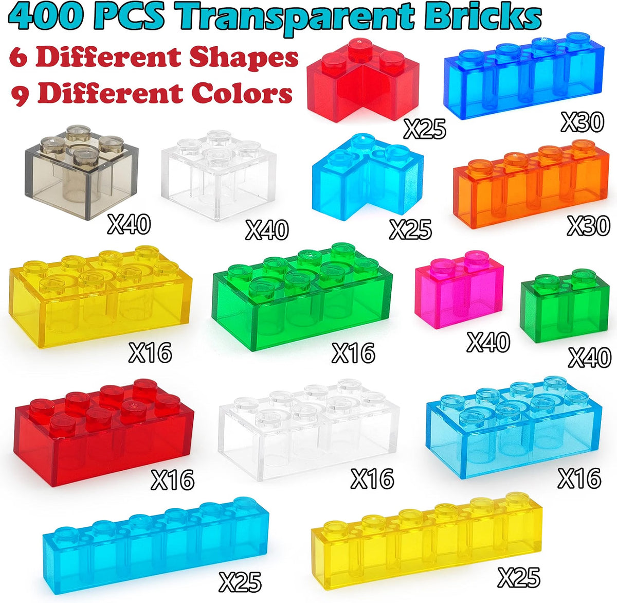 CONVENTEJOY 400-Piece Translucent Building Bricks, 9-Color Crystal-Clear Classic Building Block Set, Compatible Construction Toy for Kids Ages 6+, Educational STEM Toy