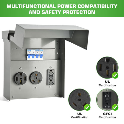 RV Electrical Panel with Breaker, Temporary Power RV Outlet Box with 20 30 50 Amp Receptacle, Weatherproof RV Electrical Power Outlet Power for Hookup Camper Travel Trailer Motorhome