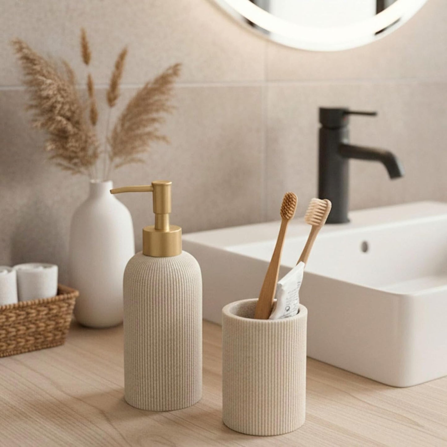 Sand Beige Hand Soap Dispenser with Matte Gold Pump, 11oz Luxury Boho Farmhouse Style, Fluted Sandstone Texture, Lotion & Dish Soap Dispenser for Bathroom and Kitchen Countertop