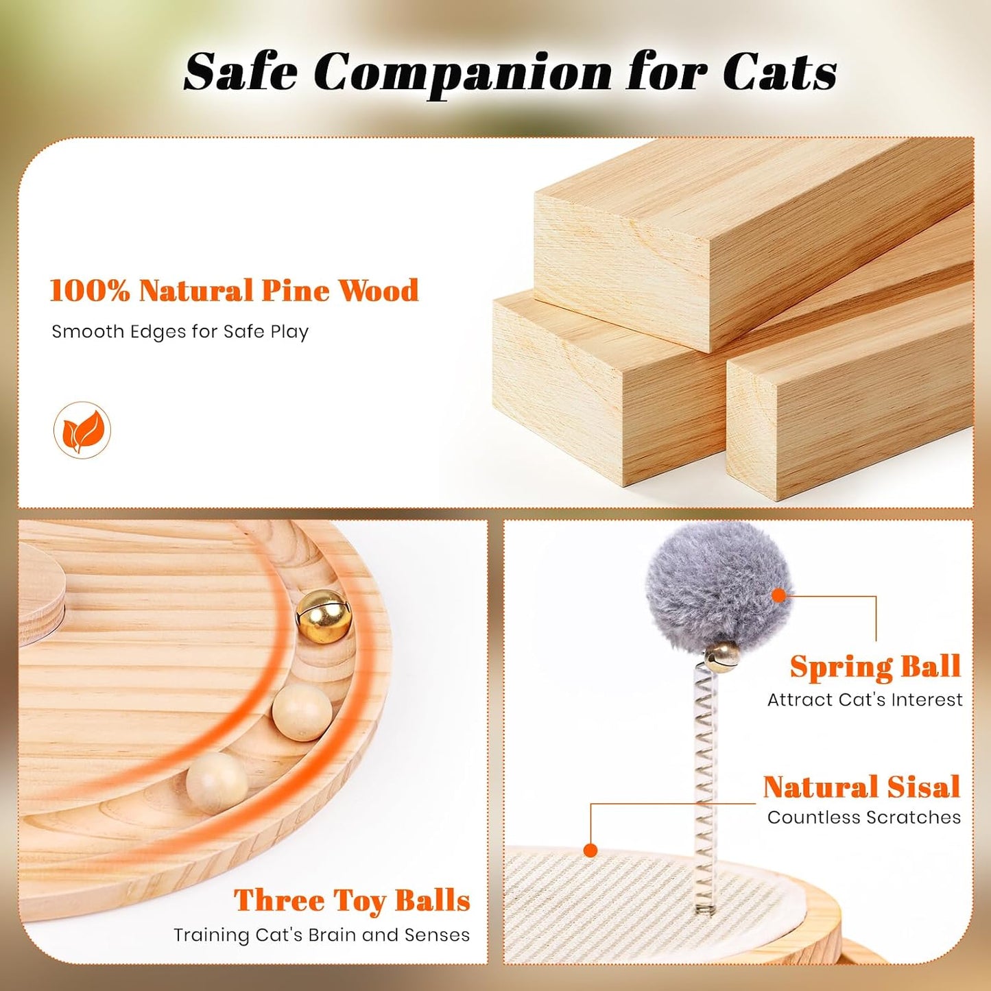 LMUGOOS Cat Scratcher, Natural Sisal Scratching Pad with Interactive Ball Track & Spring Ball Toy, 3-in-1 Cat Scratch Pad for Indoor Cats, Gold