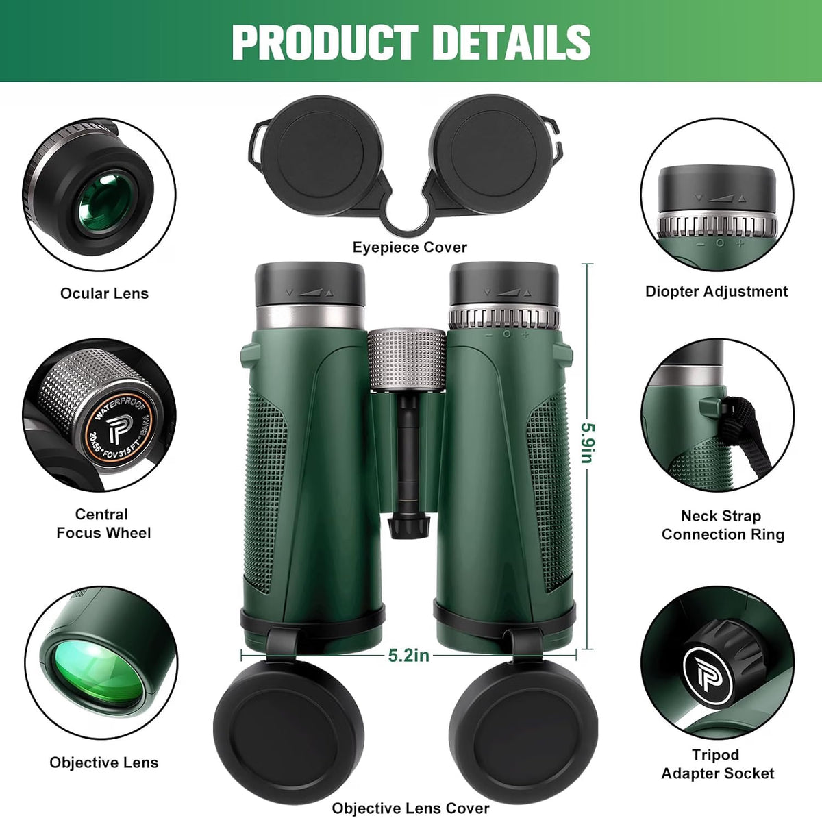 Pankoo 20x56 High-Powered Binoculars for Adults, Waterproof BAK4 Roof Prism Binoculars with FMC Lenses, Large 56mm Objective Lens for Bird Watching, Sports, Travel & Stargazing