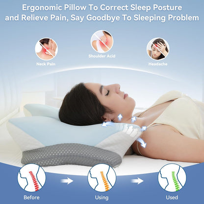 Ergonomic Memory Foam Cervical Pillow for Neck Pain Relief Contour Design,Odorless Orthopedic Pillows for Shoulder Support with Dual Heights, for Side Back Stomach Sleepers, Grey